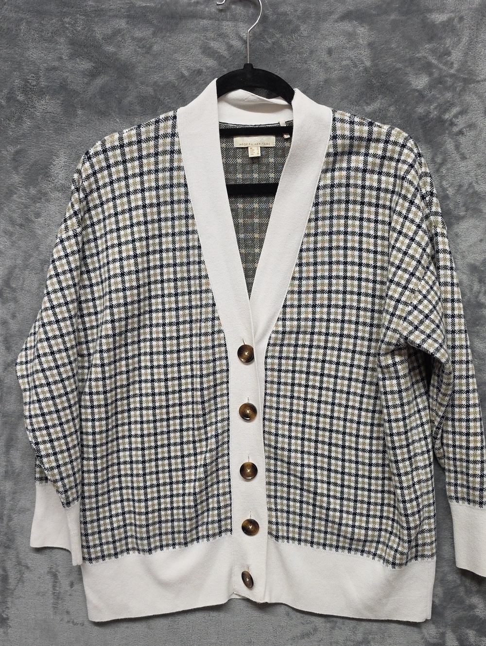 Barbour Gray and White Checked Knit Cardigan Sz 6